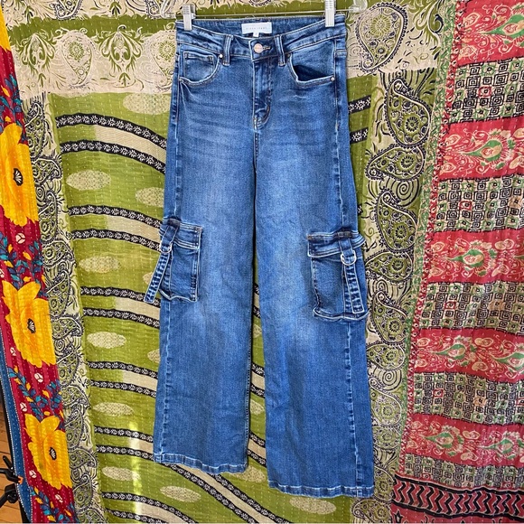 Risen Jeans Dark Stone Wash High-Rise Wide Leg Cargo Jeans Size 27 Y2K Revival - Picture 7 of 16